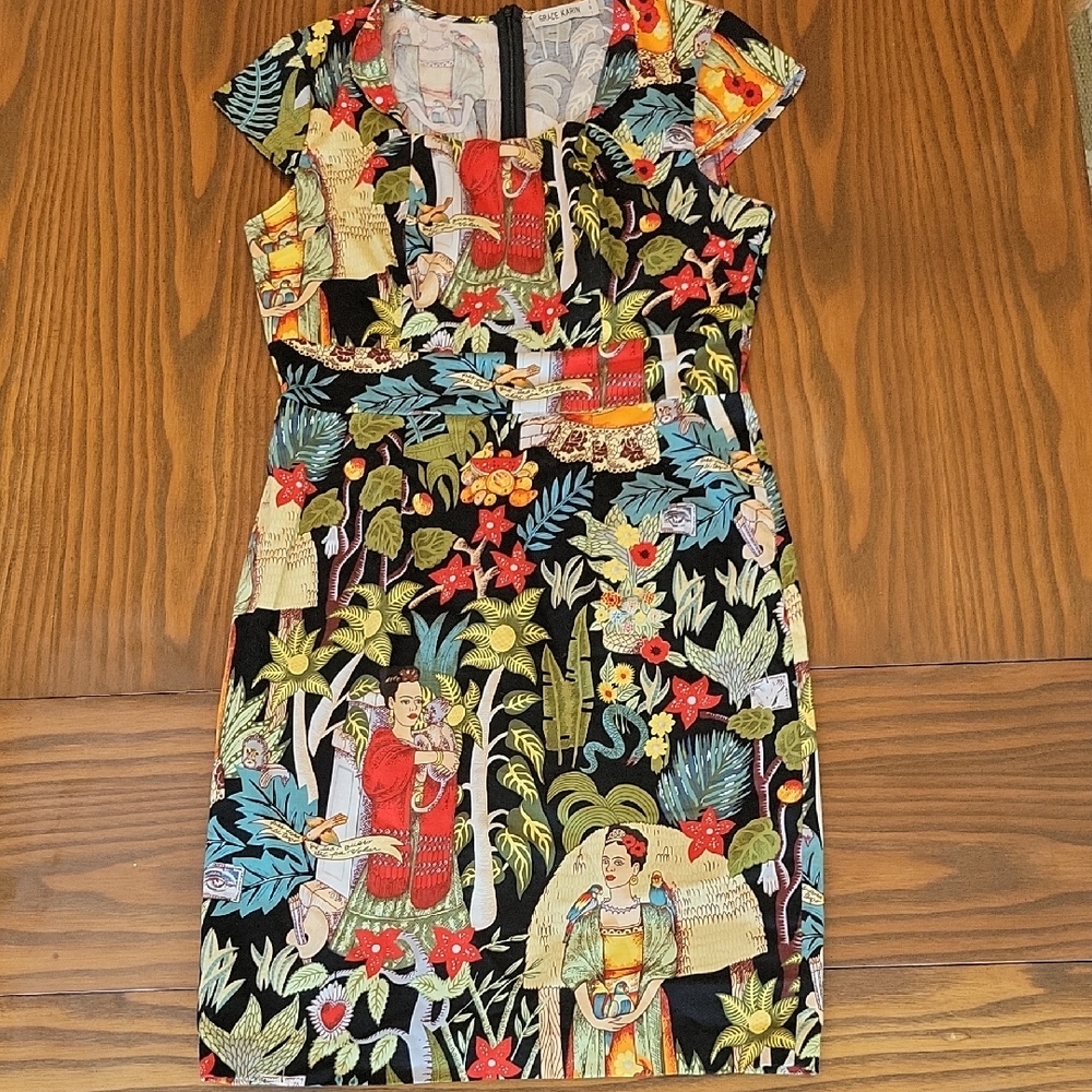 Grace Karin Frida Kahlo Jungle Tropical Print Pencil Dress | Size: M